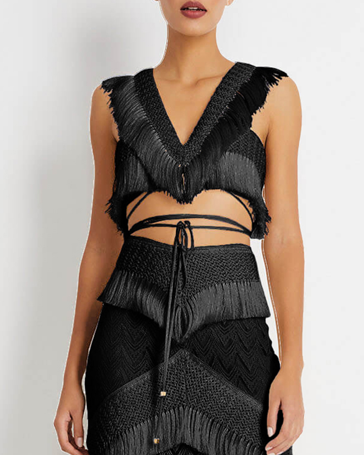 Beach Fringed Solid Color Bikini Swimsuit and Skirt