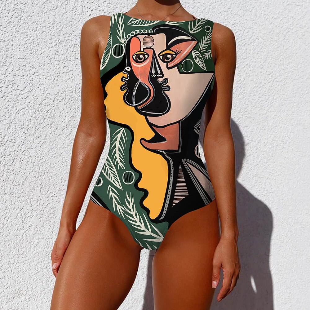 Print One Piece Swimsuit 2021 New Push Up Swimwear Women Vintage Retro Bathing Suits Bodysuit Beach Wear Backless Monokini