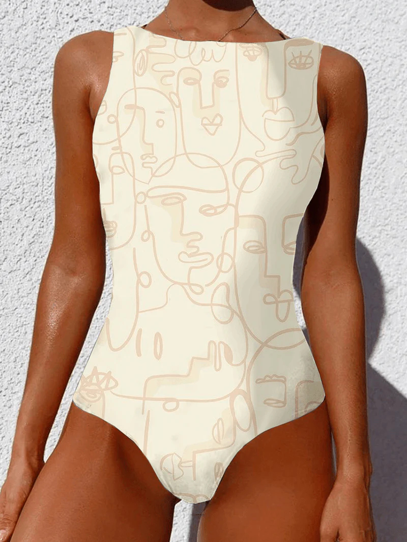 Graffiti Abstract Print round Neck One PieceSleevless Slimming Swimsuit for Women