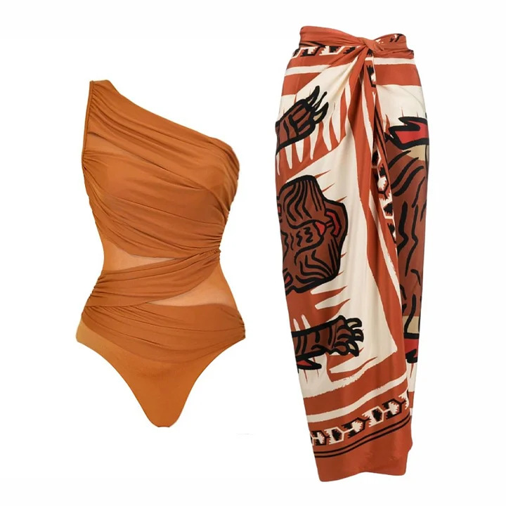 Caramel ribbon wrap swimsuit
