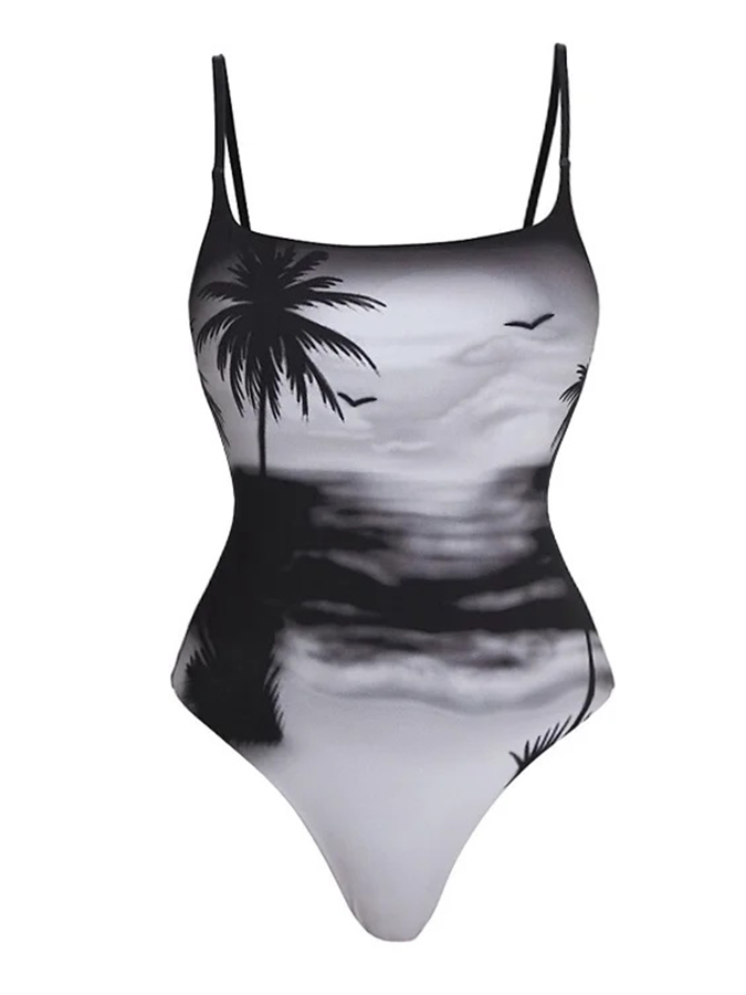 Beach Print One Piece Swimsuit And Cover Up