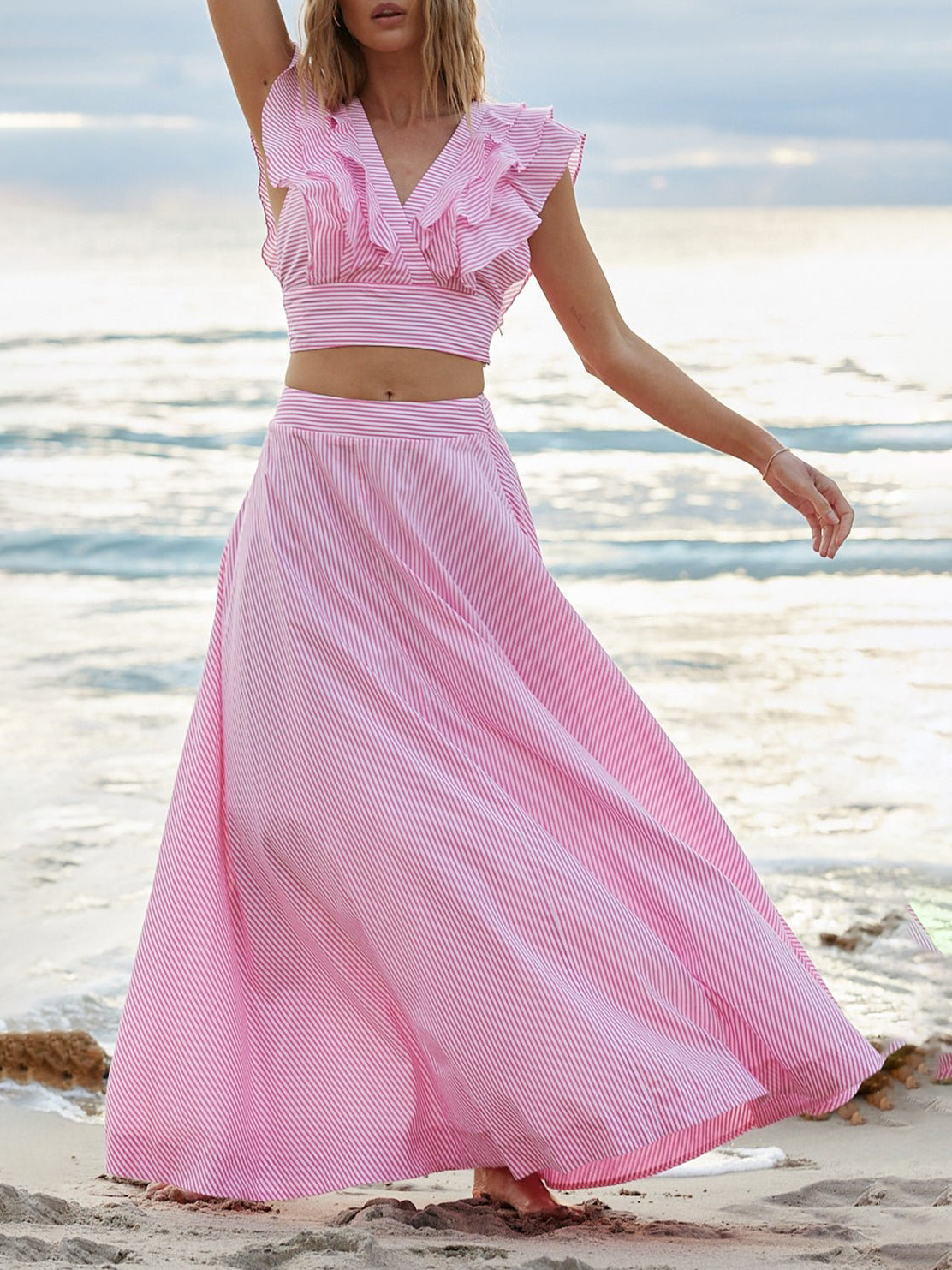 Ruffle Sleeves V Neck Pink Stripes Bikinim Set and Long Skirt