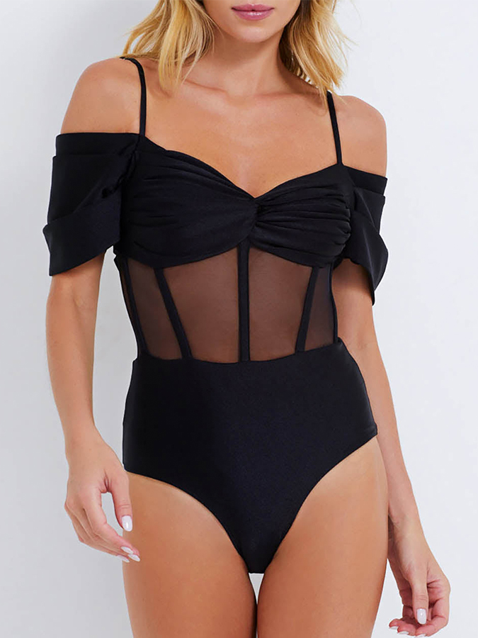 Off Shoulder Corset One Piece and Mesh Skirt Swimwear