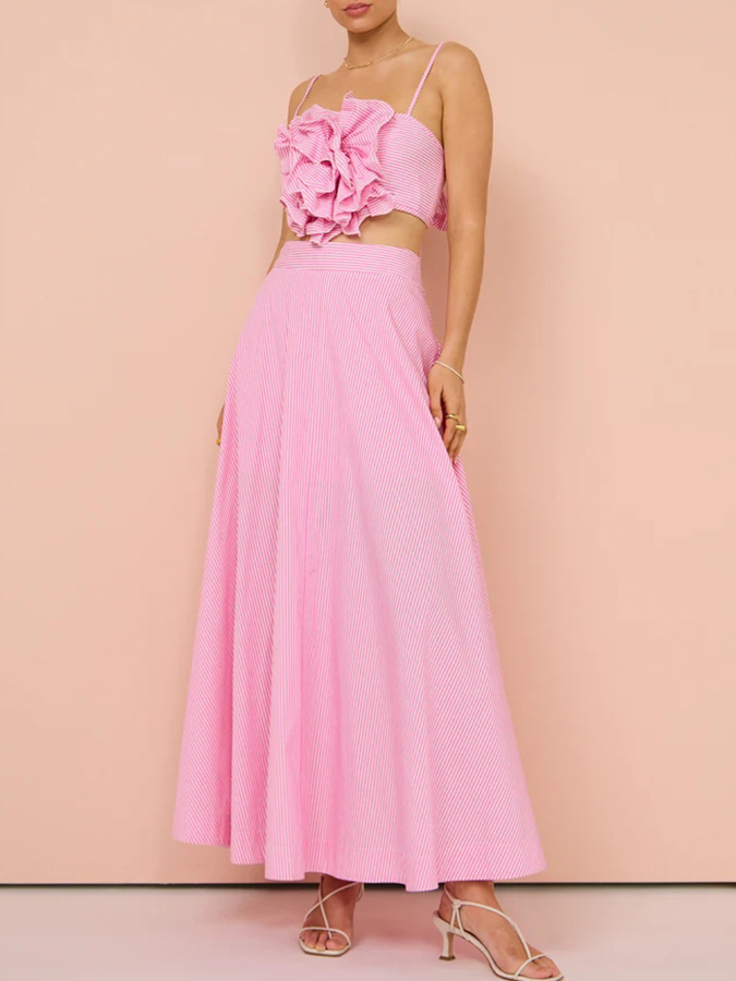Pink Stripes 3D Flower Bikini Set and Long Skirt