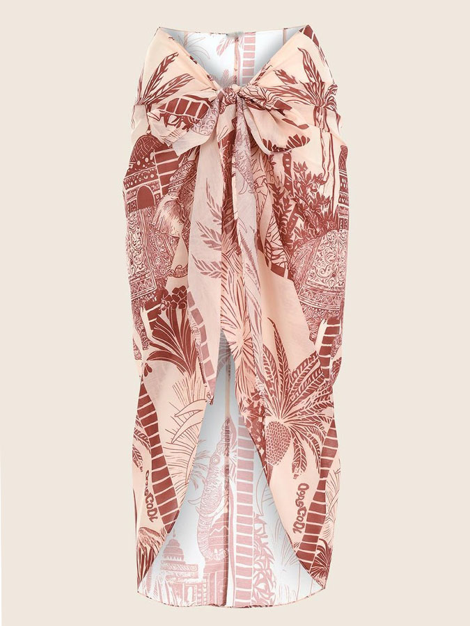 One Shoulder Red Palm Swimsuit with Belt and Sarong
