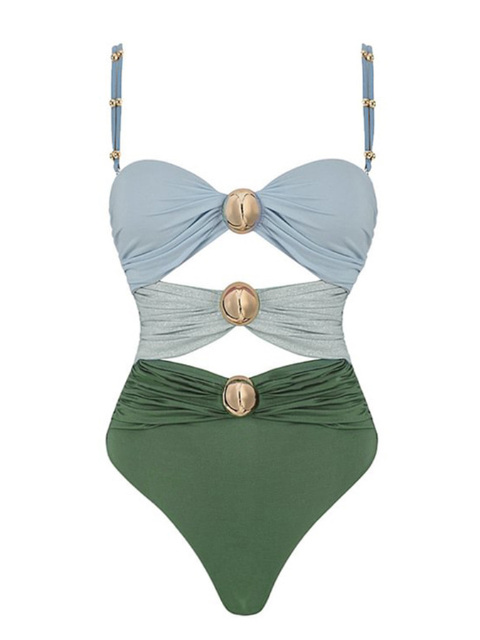Color Block Cutout One Piece Swimsuit and Sarong