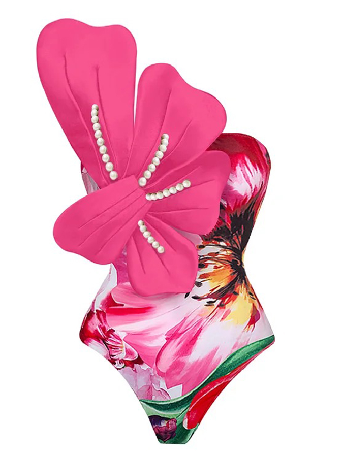 3D Pearl Flower One Shoulder One Piece Swimsuit