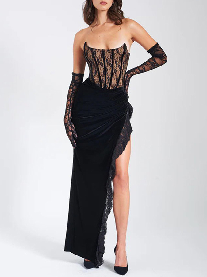 Black Lace Velvet Corset Side Slit Dress without Gloves