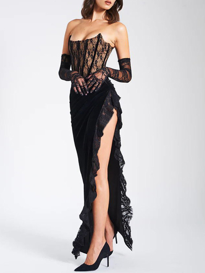 Black Lace Velvet Corset Side Slit Dress without Gloves