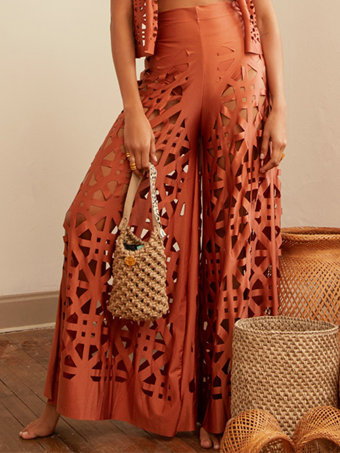 Tie Shoulder Solid Bikini Set and Pants Swimwear