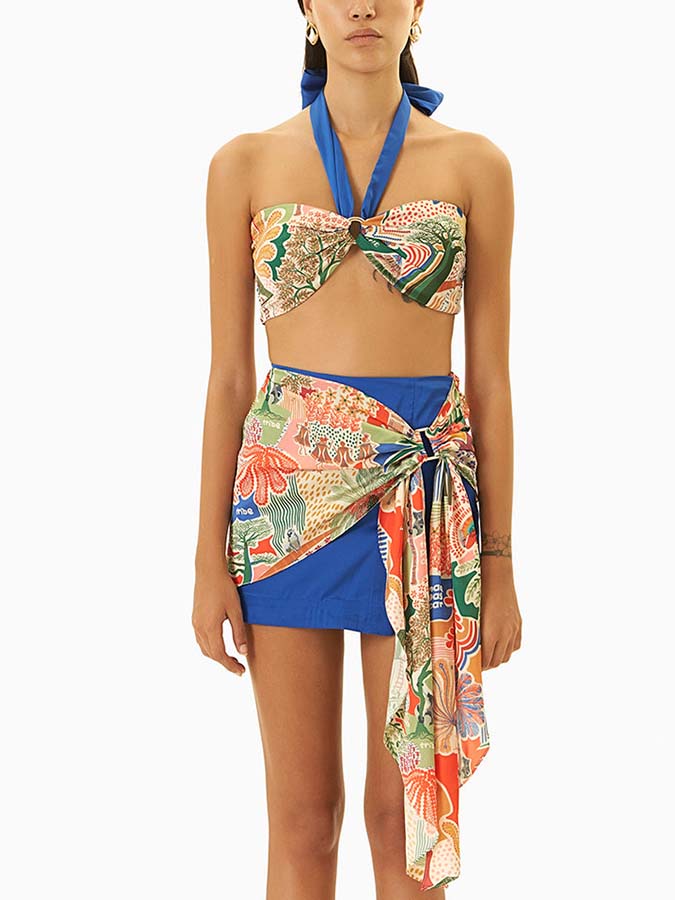 Retro Printed Beach Swimsuit and Fringed Skirt