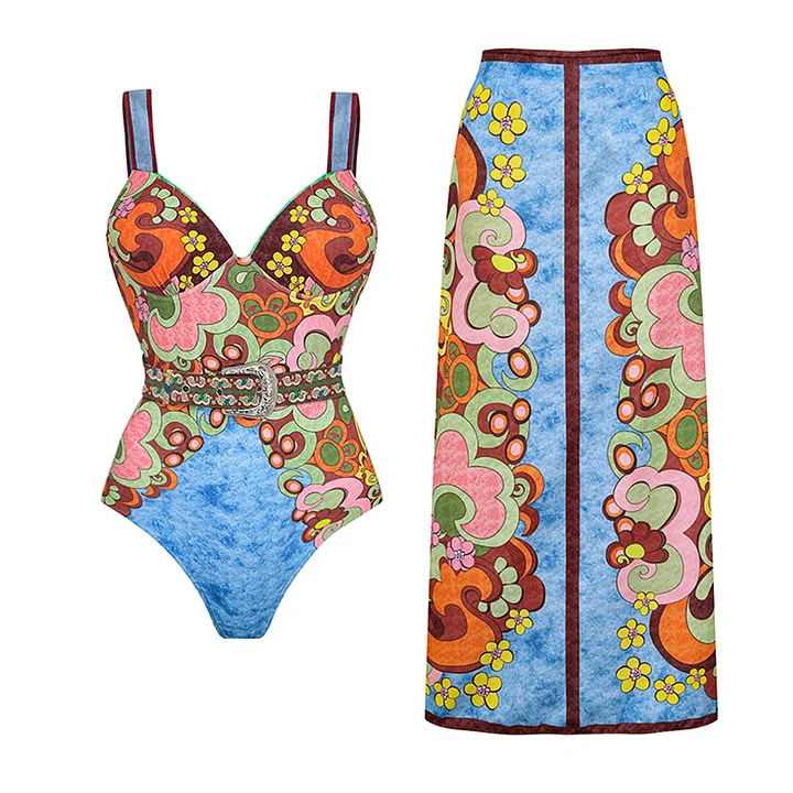 Auspicious cloud and flower print one-piece swimsuit set