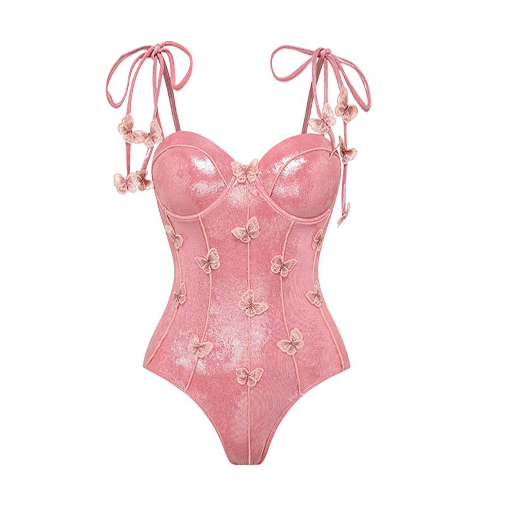 Romantic pink butterfly strap one-piece swimsuit