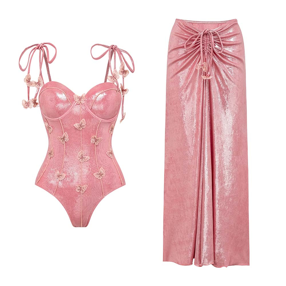 Romantic pink butterfly strap one-piece swimsuit