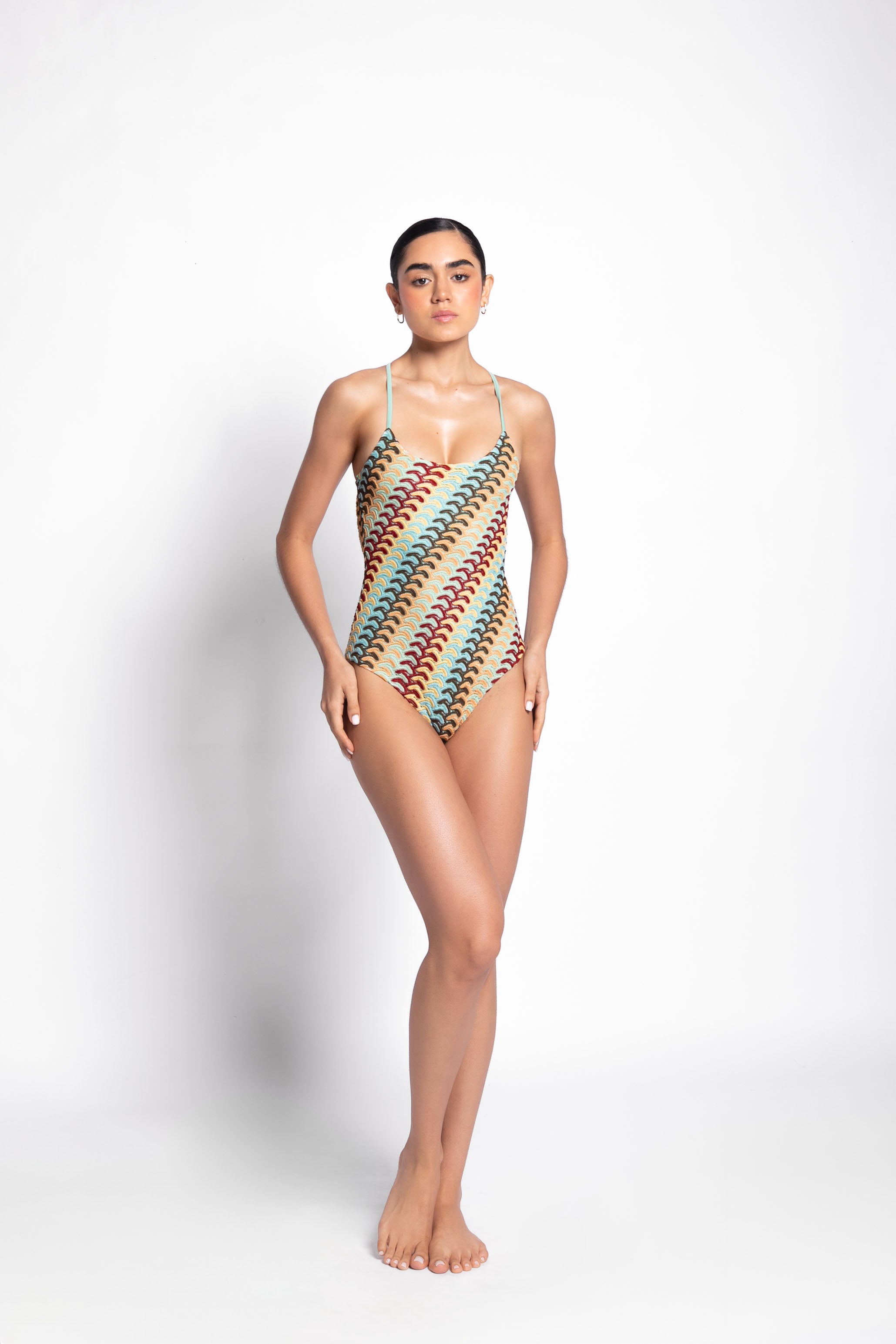 U-neck color-blocked halter swimsuit set