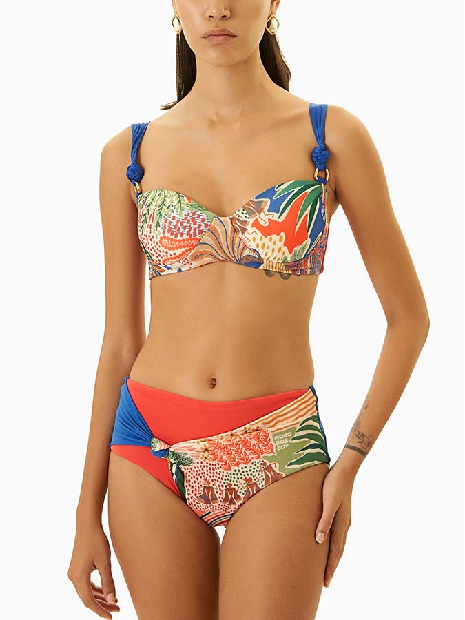 Retro Printed Beach Swimsuit and Fringed Skirt