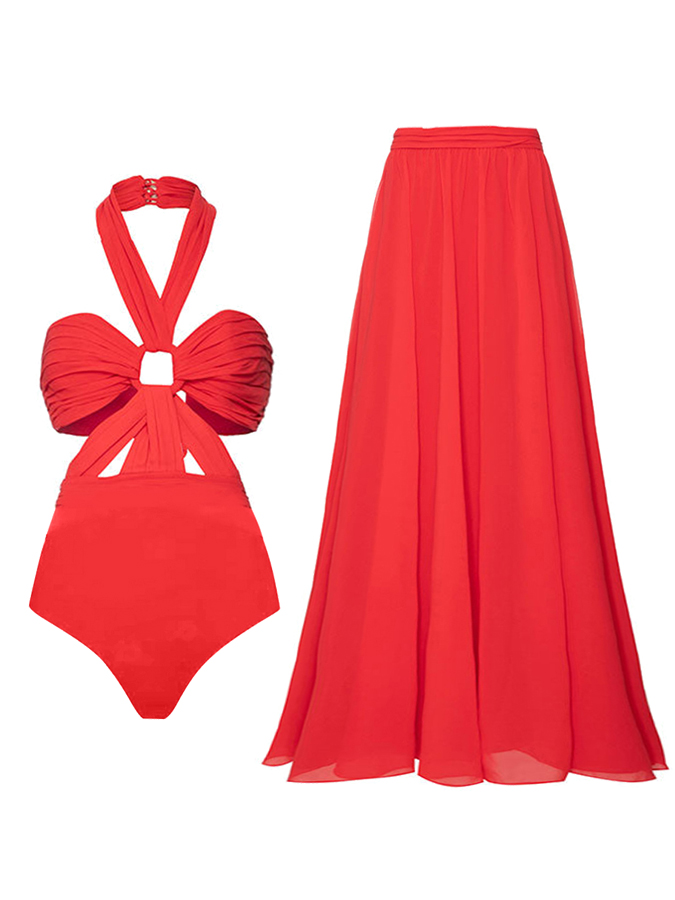 Beach Solid Color One-Piece Swimsuit And Skirt