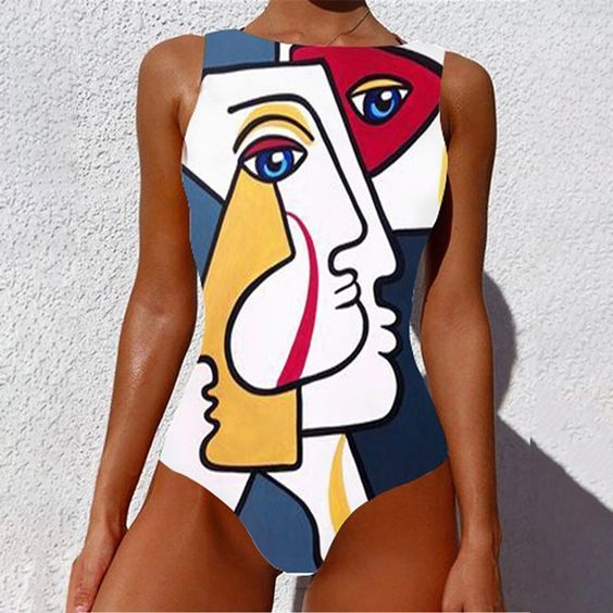 Graffiti Abstract Print round Neck One PieceSleevless Slimming Swimsuit for Women