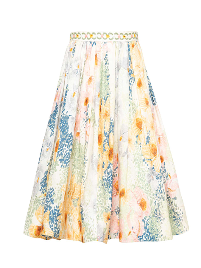 Vintage Floral Print Deep V One-Piece Swimsuit and Skirt