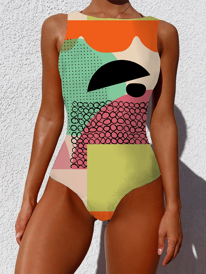 Women's Abstract Pattern Printed Backless Swimsuit