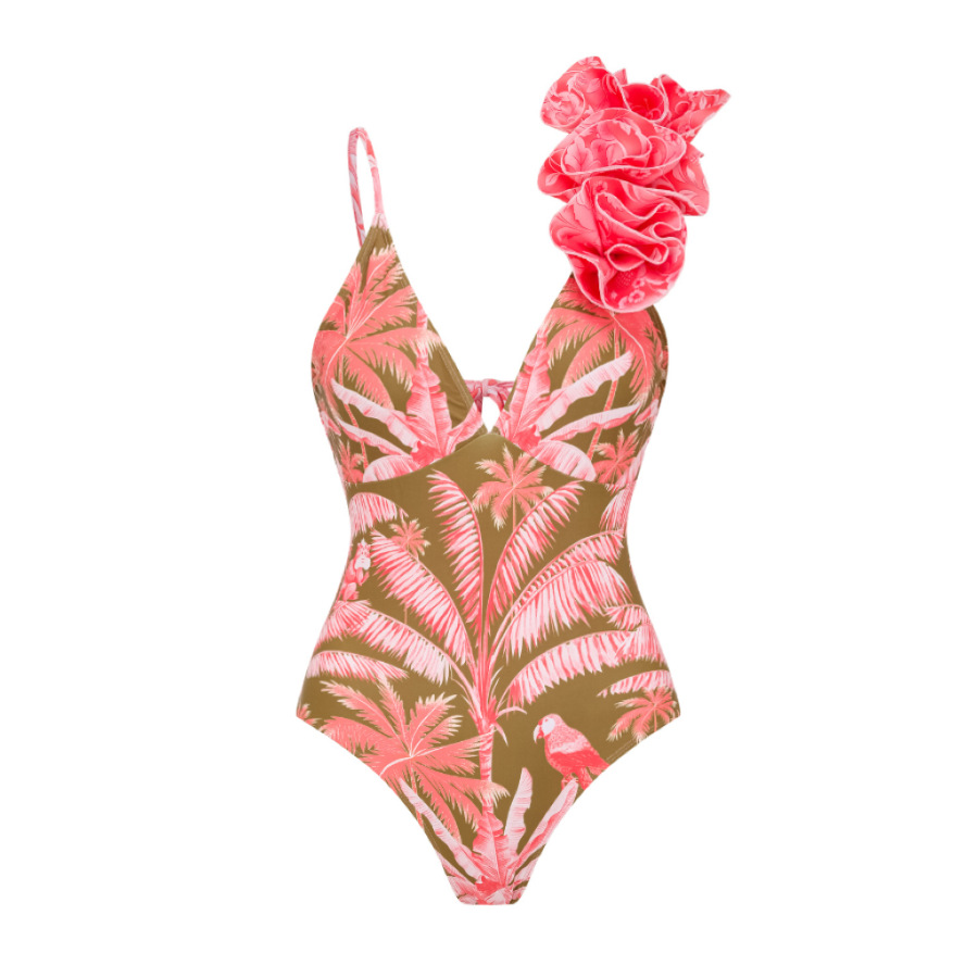 Tropical palm leaf print large ruffle one-piece swimsuit