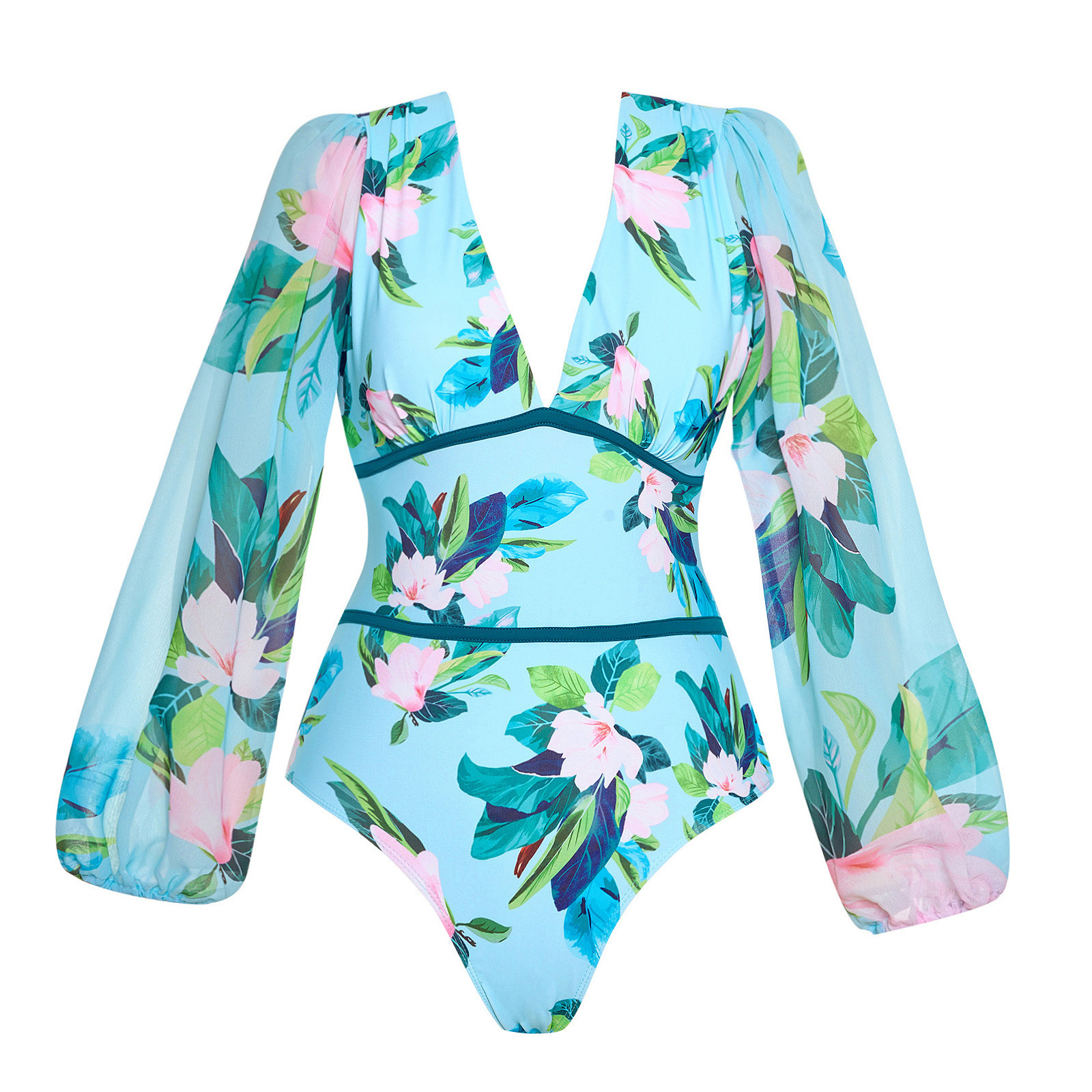 Light blue floral print long-sleeved onesie swimsuit