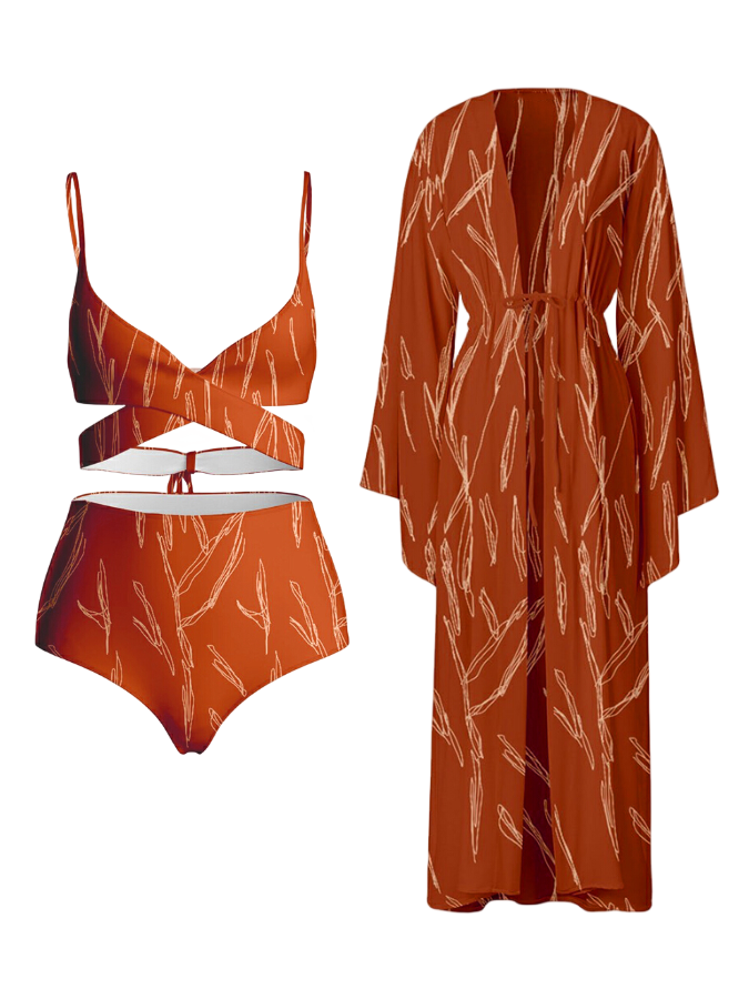Rust Printed Bikini Set and Kimono Swimwear