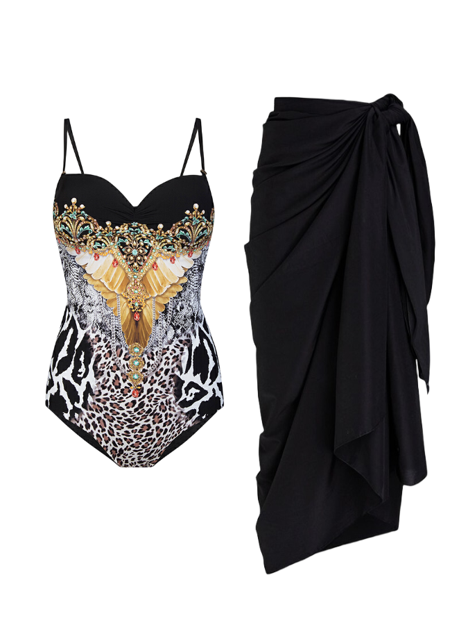 Leopard Printed One Piece and Sarong Swimwear