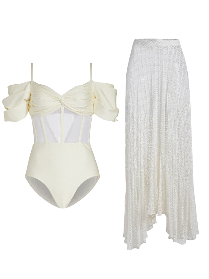 Off Shoulder Corset One Piece and Mesh Skirt Swimwear