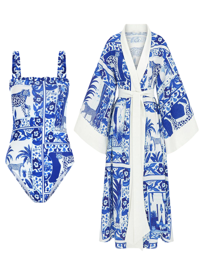 Blue Printed One Piece and Cover-up