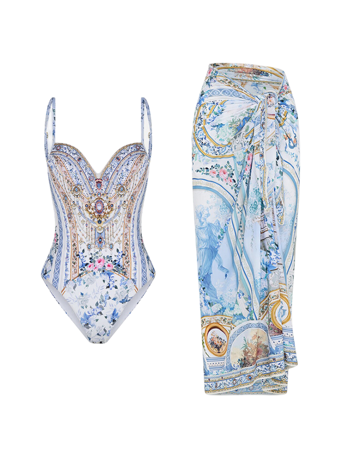 Printed One Piece and Sarong Swimwear