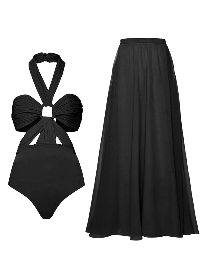 Beach Solid Color One-Piece Swimsuit And Skirt