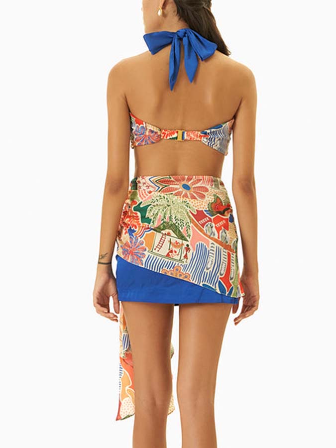 Retro Printed Beach Swimsuit and Fringed Skirt