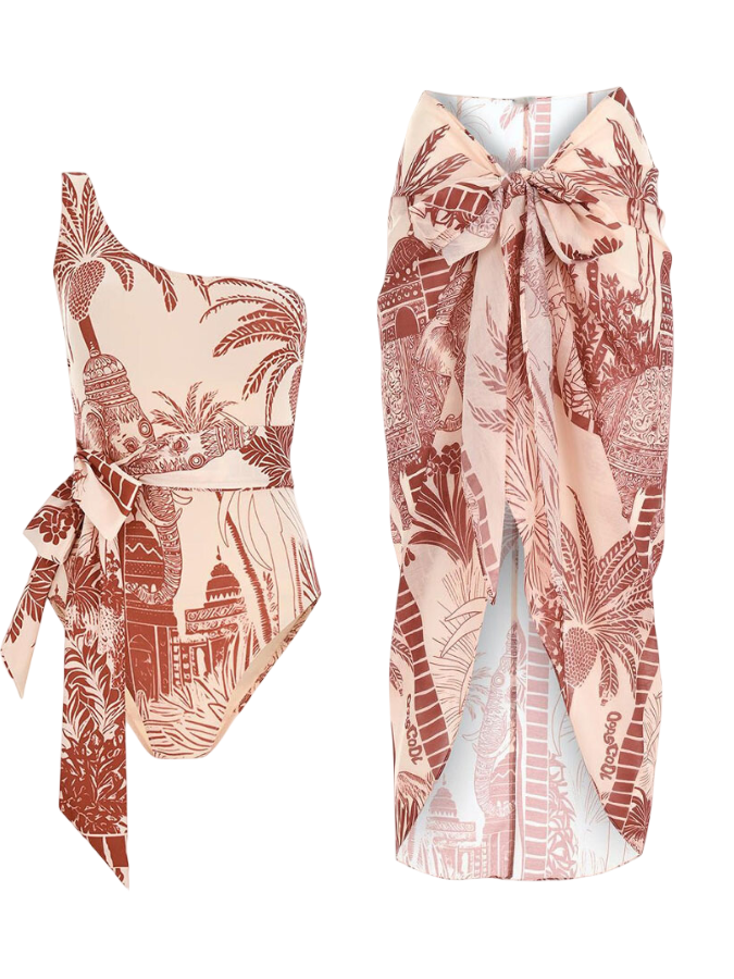 One Shoulder Red Palm Swimsuit with Belt and Sarong