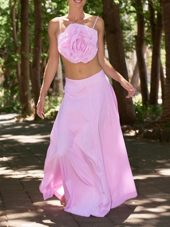 Pink Stripes 3D Flower Bikini Set and Long Skirt