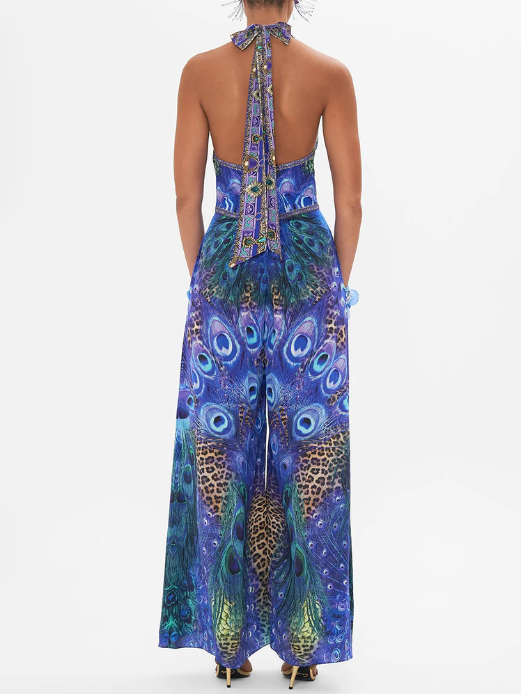 Peacock Printed Halter One Piece Swimsuit and Pants