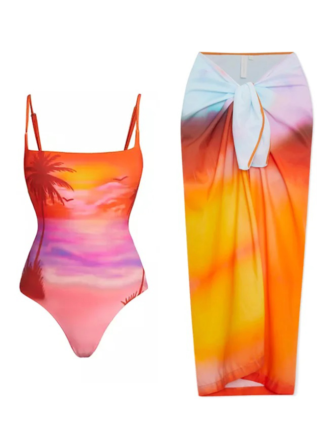 Beach Print One Piece Swimsuit And Cover Up