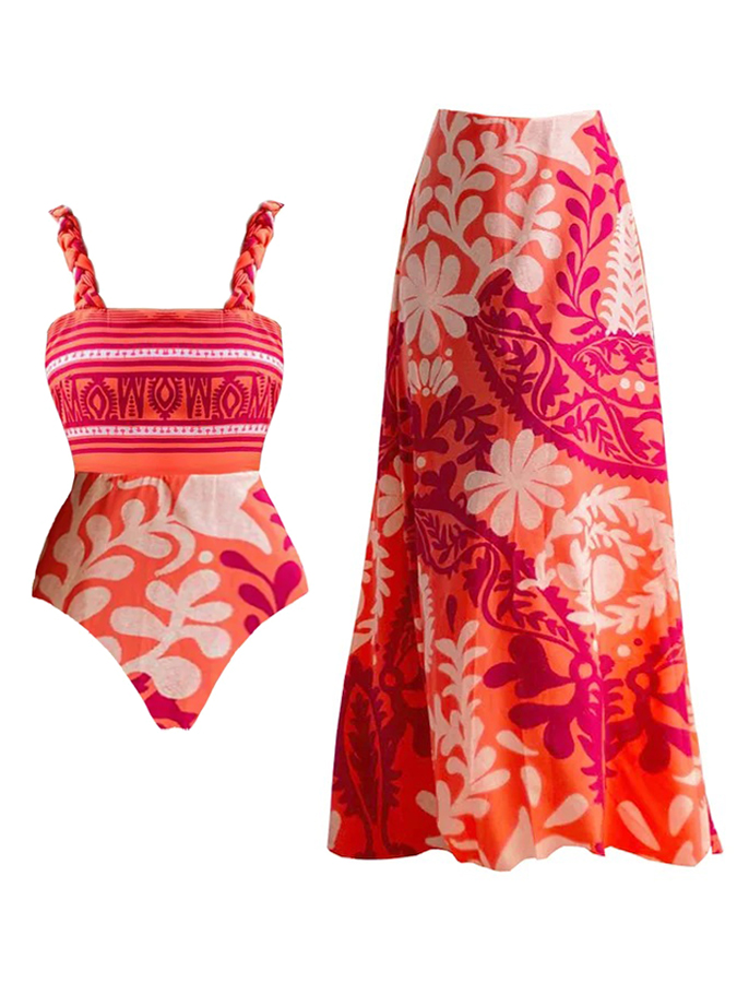 Ruffle Sleeves Printed Swimsuit And Cover Up
