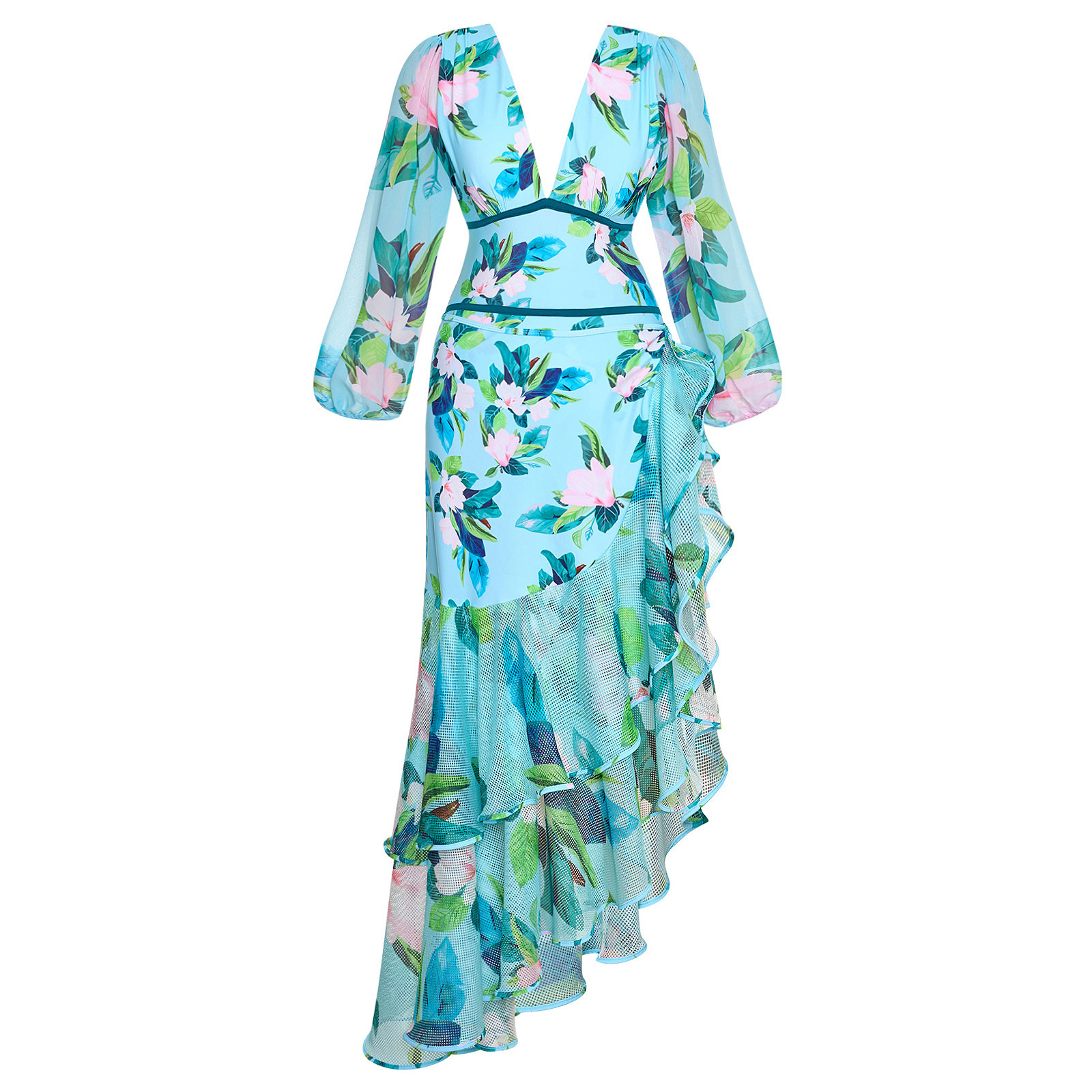 Light blue floral print long-sleeved onesie swimsuit