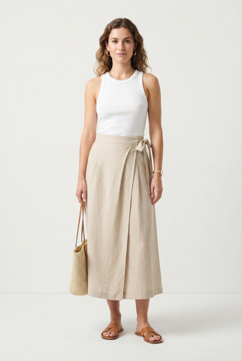 Linen-toned resort wrap skirt styled for Mediterranean terrace walks