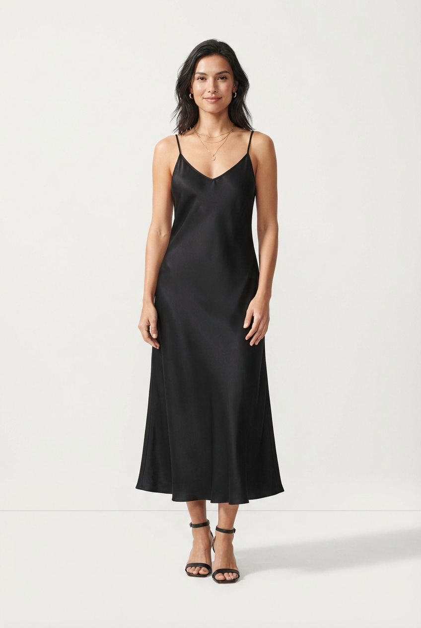 black resort slip dress on model