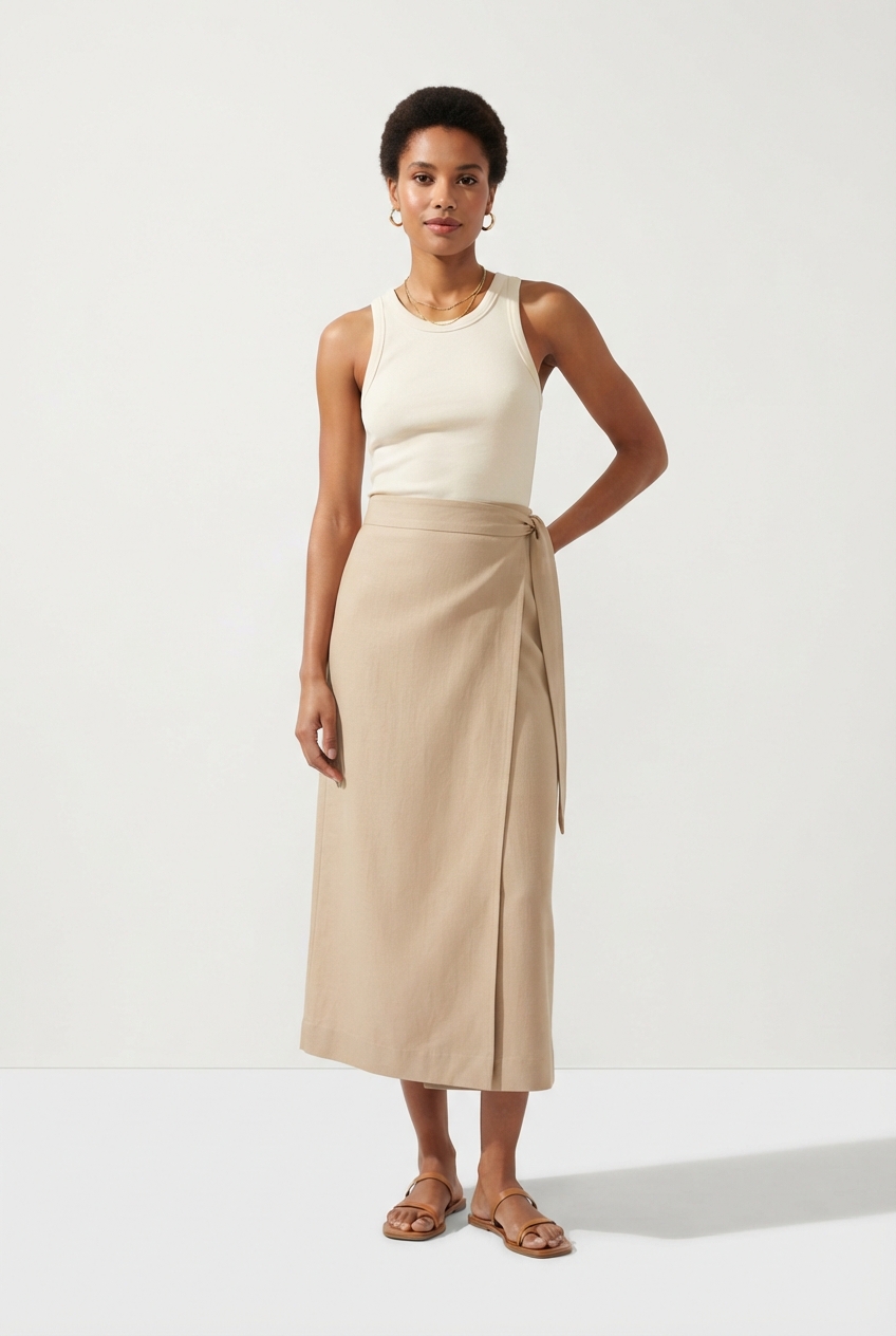 beige wrap sarong skirt on model over swimsuit