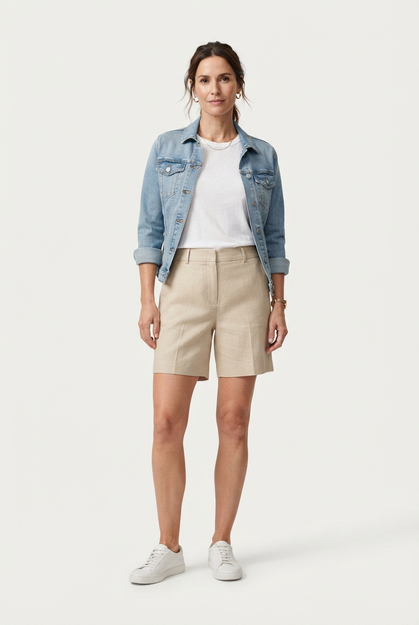 beige linen-blend resort shorts on model