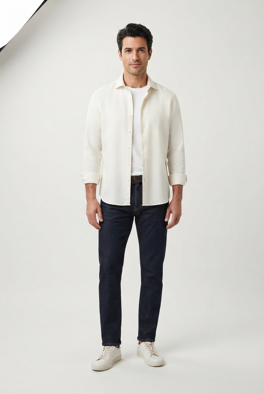 ivory long-sleeve resort shirt on model