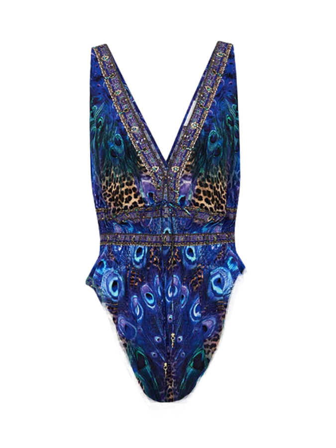 Peacock Printed Halter One Piece Swimsuit and Pants