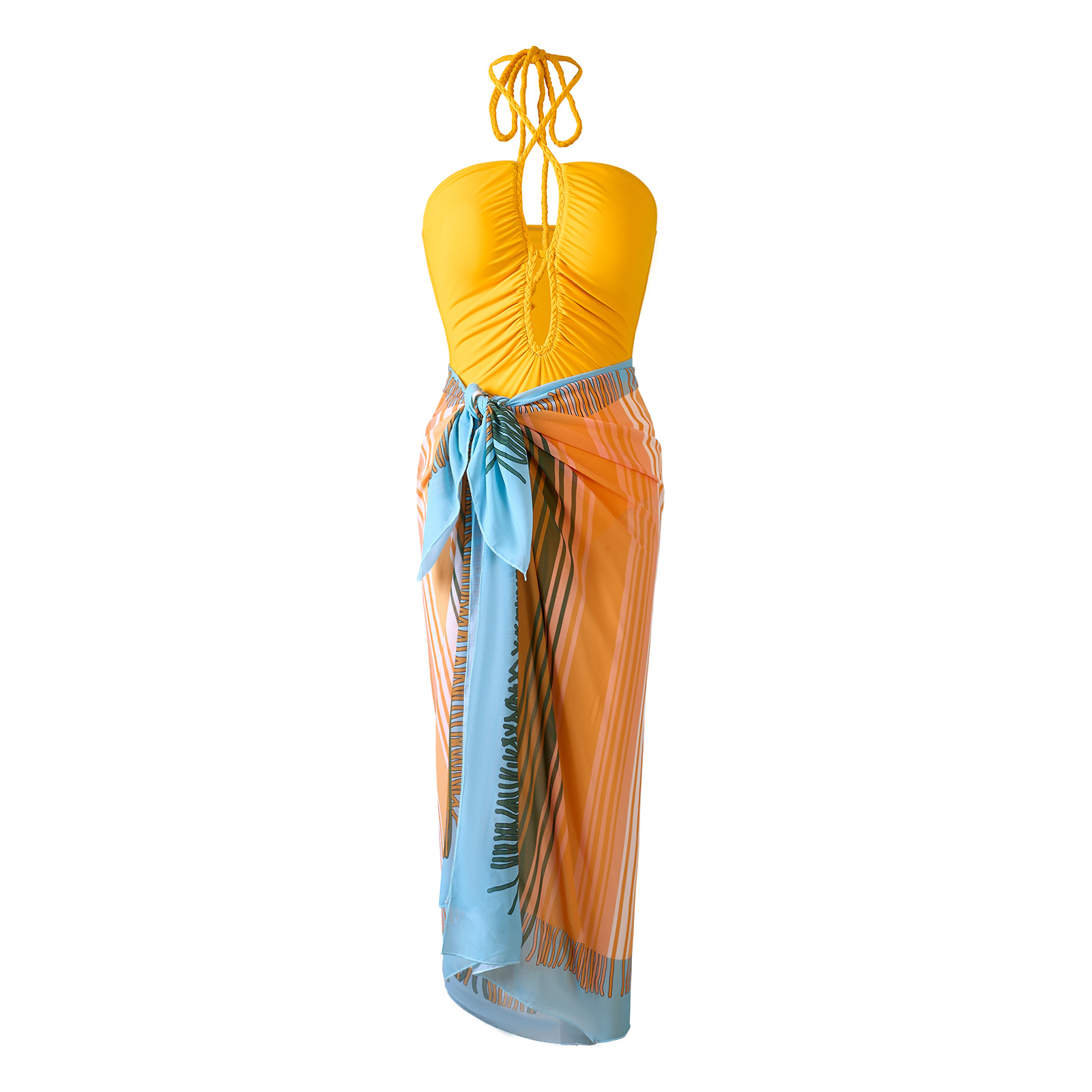 Bright yellow openwork pleated halter neck swimsuit