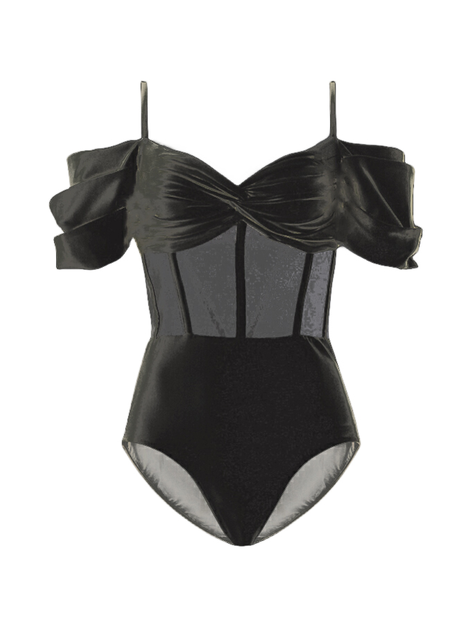 Off Shoulder Corset One Piece and Mesh Skirt Swimwear