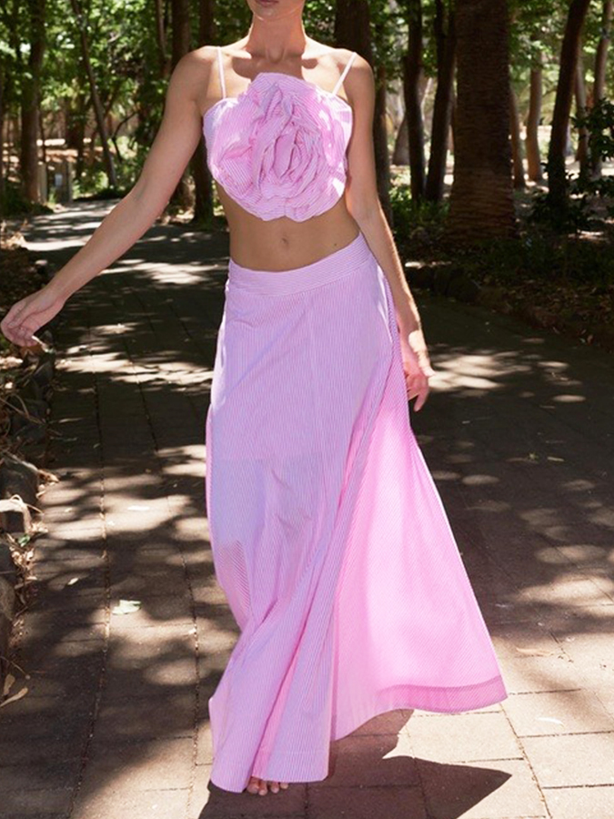 Pink Stripes 3D Flower Bikini Set and Long Skirt
