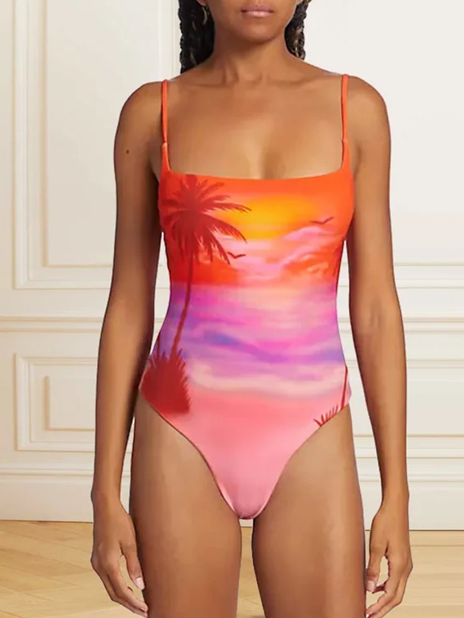 Beach Print One Piece Swimsuit And Cover Up
