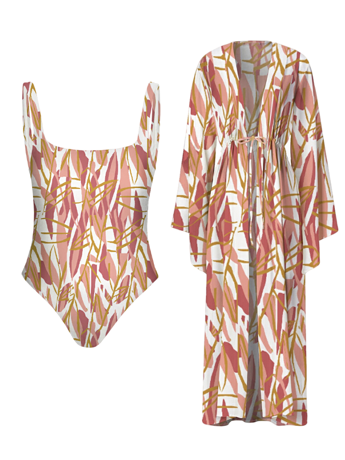Leaves Printed One Piece and Kimono Swimwear